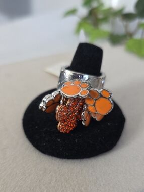 Silver Stretch To Fit Ring with Orange Paw Print Charms and Rhinestone